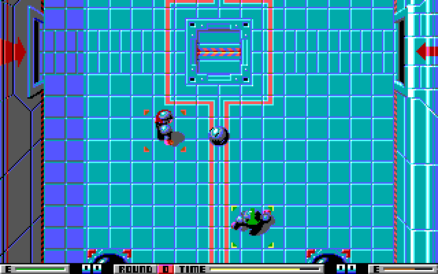 Speedball IBM PC/Compatibles Screenshot: The ball is airborn as everyone chases it...