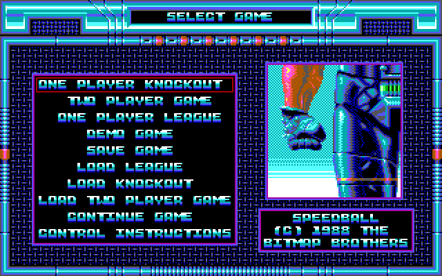 Speedball IBM PC/Compatibles Screenshot: The main menu.