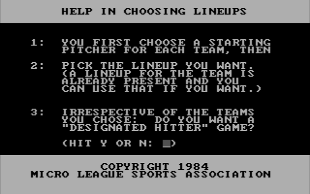 MicroLeague Baseball IBM PC/Compatibles Screenshot: Help in choosing lineups.