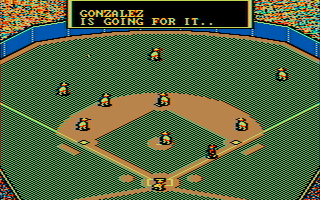 MicroLeague Baseball IBM PC/Compatibles Screenshot: A hit...Gonzalez is going for it!