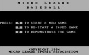 MicroLeague Baseball for IBM PC/Compatibles - Main menu.