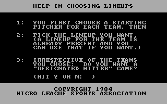 MicroLeague Baseball IBM PC/Compatibles Screenshot: Help in choosing lineups.