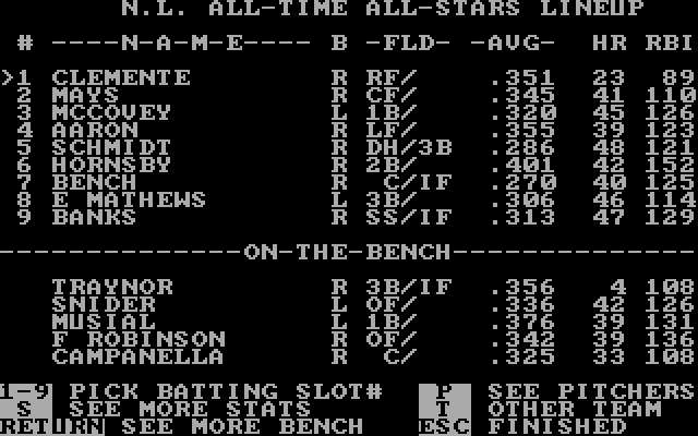 MicroLeague Baseball IBM PC/Compatibles Screenshot: Viewing the lineups.
