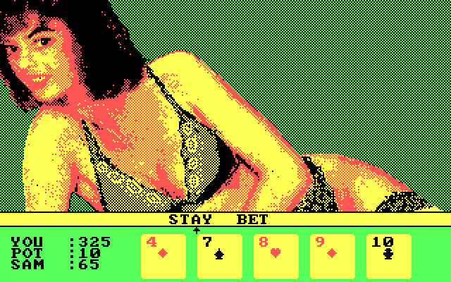 Strip Poker II Plus IBM PC/Compatibles Screenshot: Choose to stay, or bet...