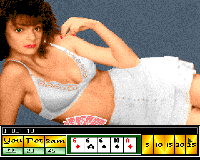 Strip Poker II Plus Amiga Screenshot: Sam bets 10, what do you bet?