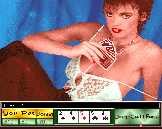 Strip Poker II Plus Amiga Screenshot: I have a pair of fives, should I continue to bet?