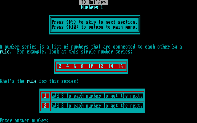 IQ Builder IBM PC/Compatibles Screenshot: Numbers 1; what's the rule for this sequence?
