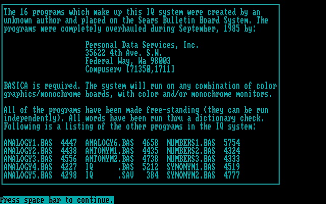 IQ Builder IBM PC/Compatibles Screenshot: Introduction screen.