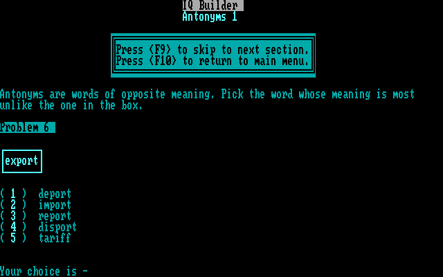 IQ Builder IBM PC/Compatibles Screenshot: Antonyms 1.