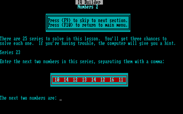 IQ Builder IBM PC/Compatibles Screenshot: Numbers 2; what's next in the sequence?