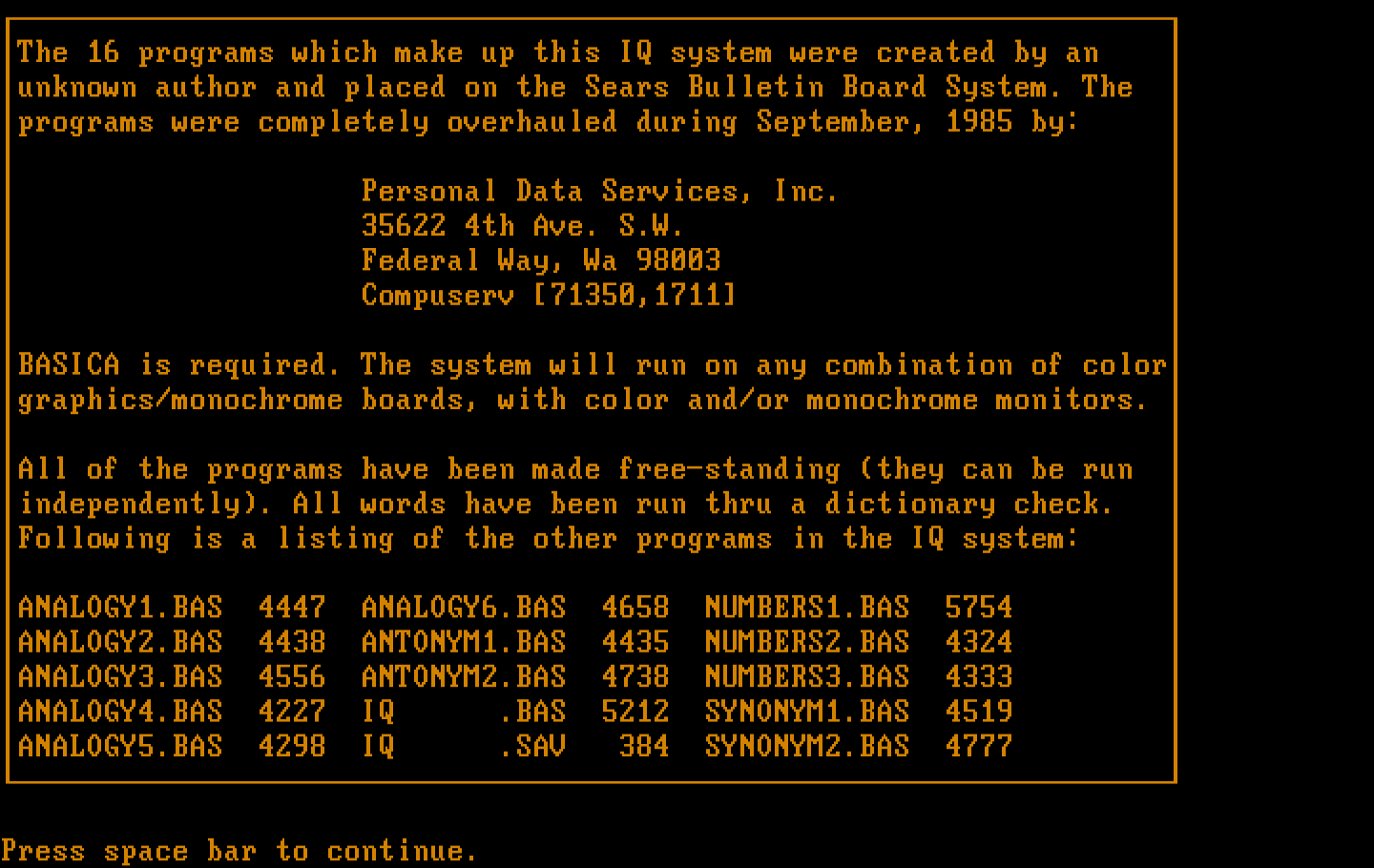 IQ Builder IBM PC/Compatibles Screenshot: Introduction screen.