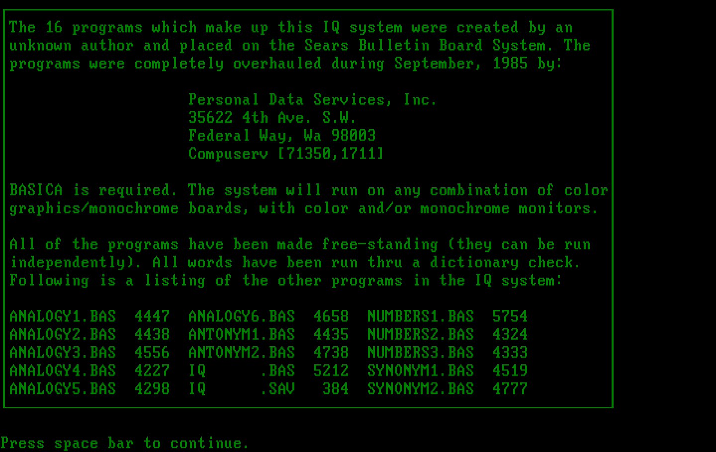 IQ Builder IBM PC/Compatibles Screenshot: Introduction screen.