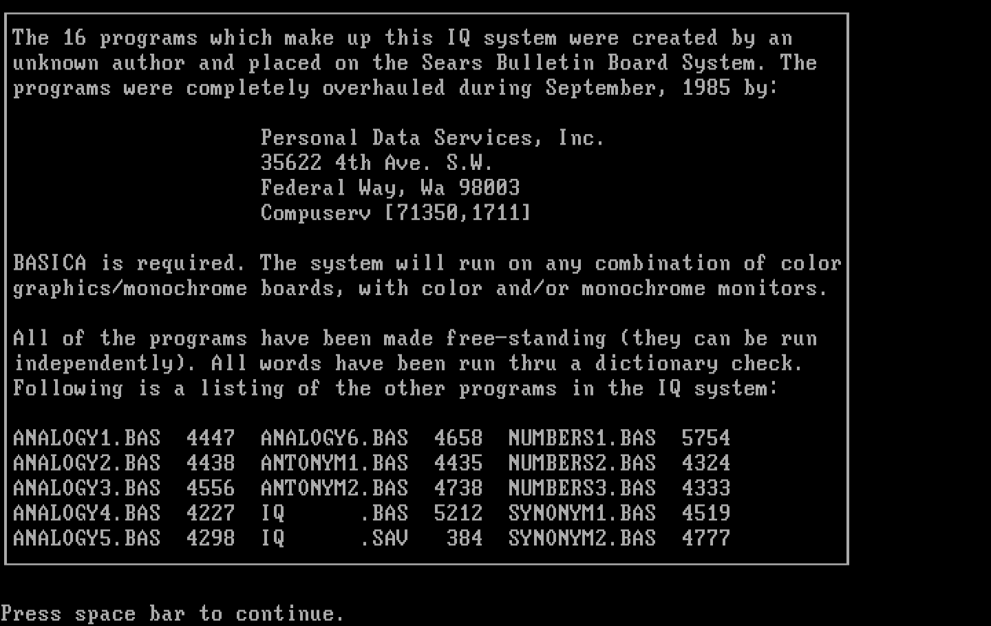 IQ Builder IBM PC/Compatibles Screenshot: Introduction screen.