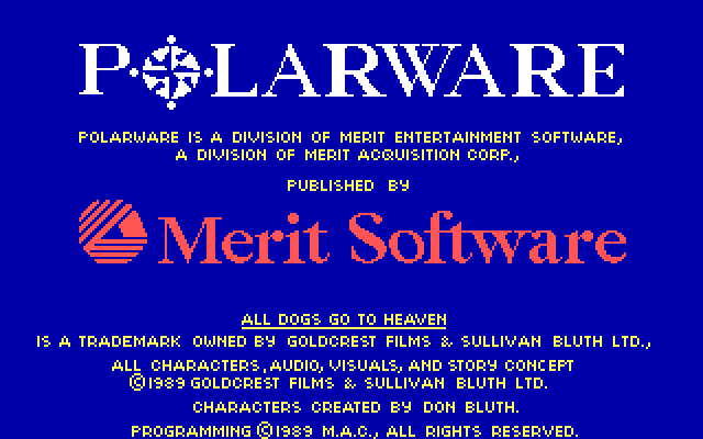 All Dogs Go to Heaven IBM PC/Compatibles Screenshot: Copyright screen.