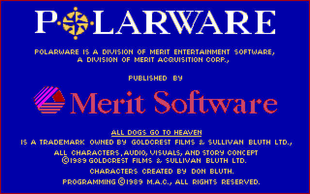 All Dogs Go to Heaven Amiga Screenshot: Copyright screen.