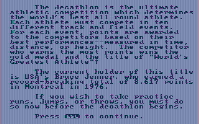 Olympic Decathlon IBM PC/Compatibles Screenshot: Game introduction.
