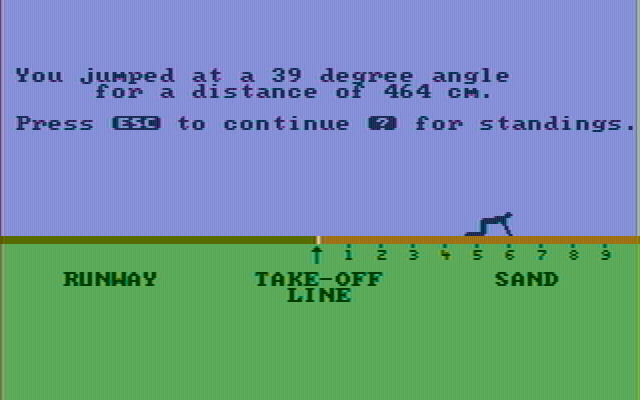 Olympic Decathlon IBM PC/Compatibles Screenshot: Jump results.
