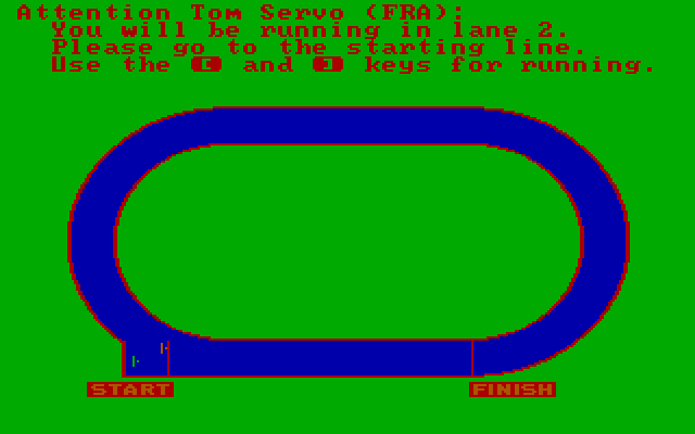 Olympic Decathlon IBM PC/Compatibles Screenshot: Preparing for the 100-meter dash.