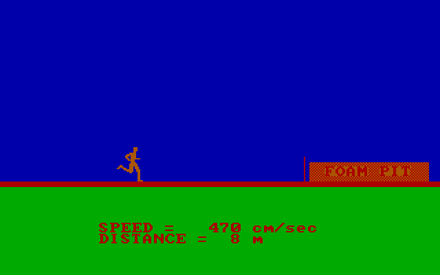 Olympic Decathlon IBM PC/Compatibles Screenshot: Running and preparing to jump...