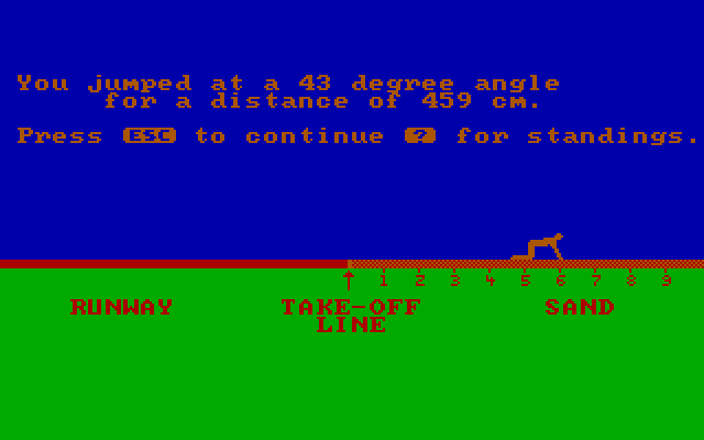 Olympic Decathlon IBM PC/Compatibles Screenshot: And here are my jump results.