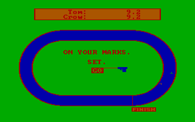 Olympic Decathlon IBM PC/Compatibles Screenshot: Running around the track again, 400 meters this time.