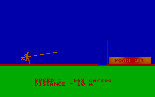 Olympic Decathlon IBM PC/Compatibles Screenshot: Running and ready to vault.