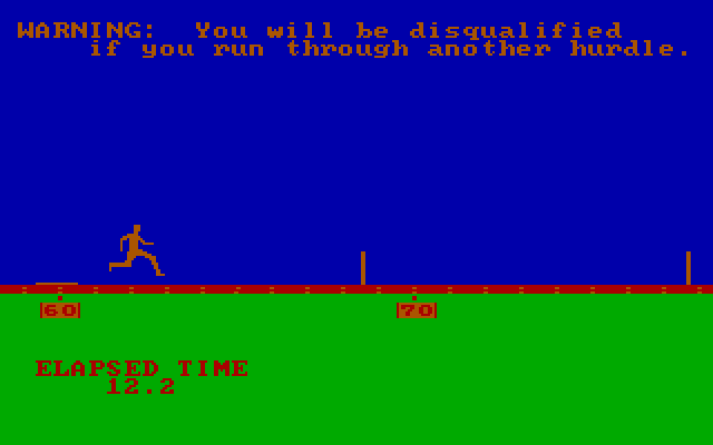 Olympic Decathlon IBM PC/Compatibles Screenshot: Don't run through hurdles by accident!