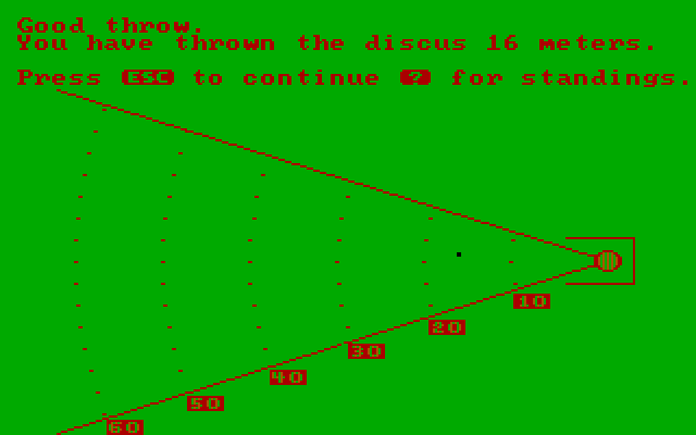 Olympic Decathlon IBM PC/Compatibles Screenshot: A good throw, here's the results.