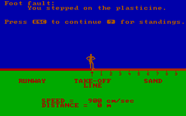 Olympic Decathlon IBM PC/Compatibles Screenshot: Oops, a foot fault!