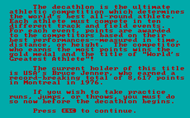Olympic Decathlon IBM PC/Compatibles Screenshot: About decathlon...