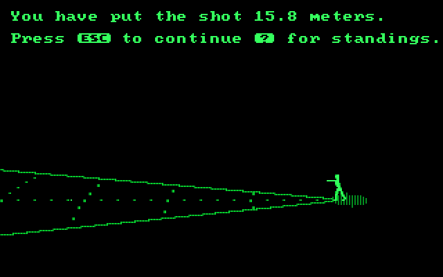Olympic Decathlon IBM PC/Compatibles Screenshot: Shot put results.