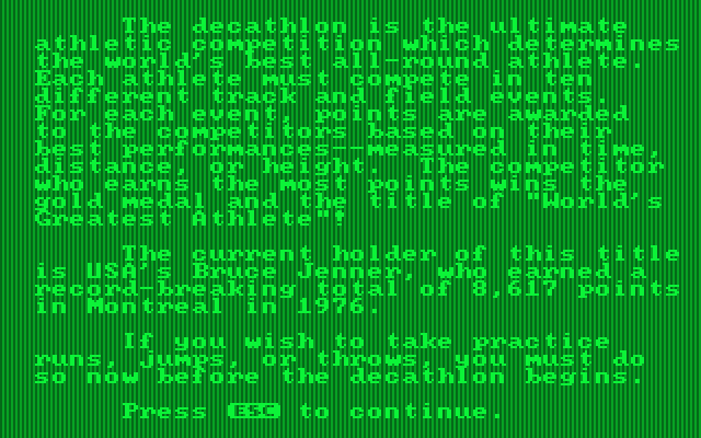Olympic Decathlon IBM PC/Compatibles Screenshot: About decathlon.