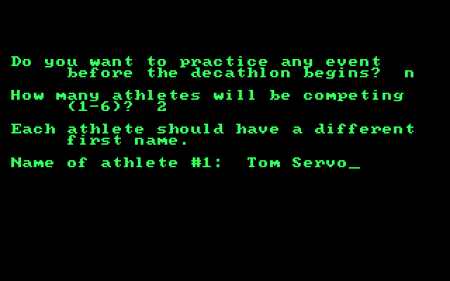 Olympic Decathlon IBM PC/Compatibles Screenshot: First, setup the athletes.