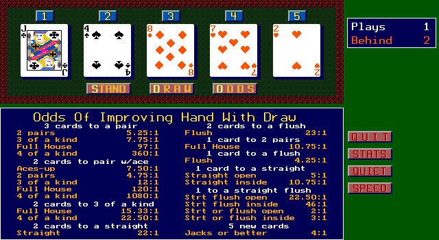Slot Poker IBM PC/Compatibles Screenshot: Here's your odds of improving a hand.
