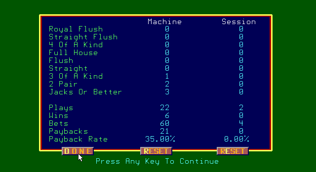 Slot Poker IBM PC/Compatibles Screenshot: Some stats...