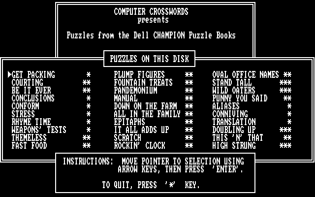 Computer Crosswords IBM PC/Compatibles Screenshot: The main menu.