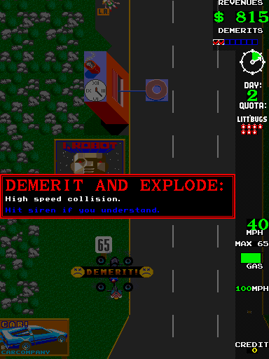 APB Arcade Screenshot: A demerit and an explosion! That can't be good...