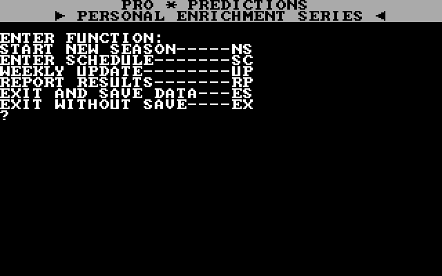 Pro Predictions IBM PC/Compatibles Screenshot: The main menu.