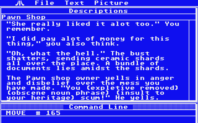Twilight's Ransom Atari ST Screenshot: The pawn shop owner is not too pleased with me!