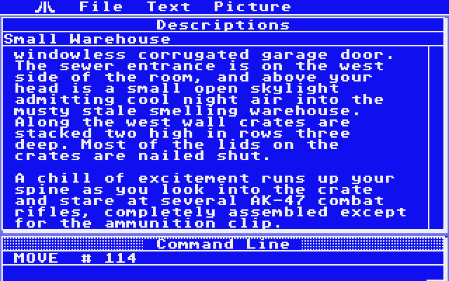 Twilight's Ransom Atari ST Screenshot: Searching a suspect warehouse...