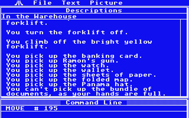 Twilight's Ransom Atari ST Screenshot: You can pick up all items in a location at once, unless your hands are full..