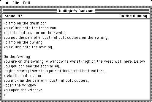 Twilight's Ransom Macintosh Screenshot: Breaking in to a place to find some information.
