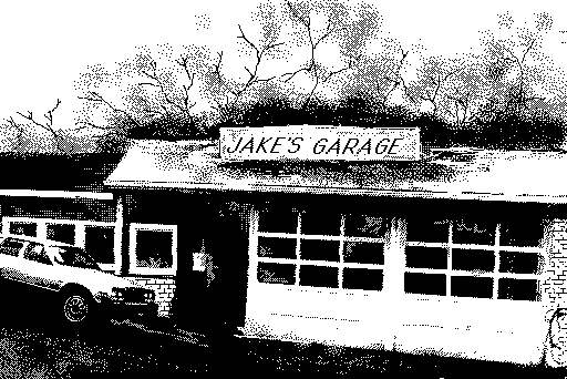 Twilight's Ransom Macintosh Screenshot: The view of Jake's Garage.