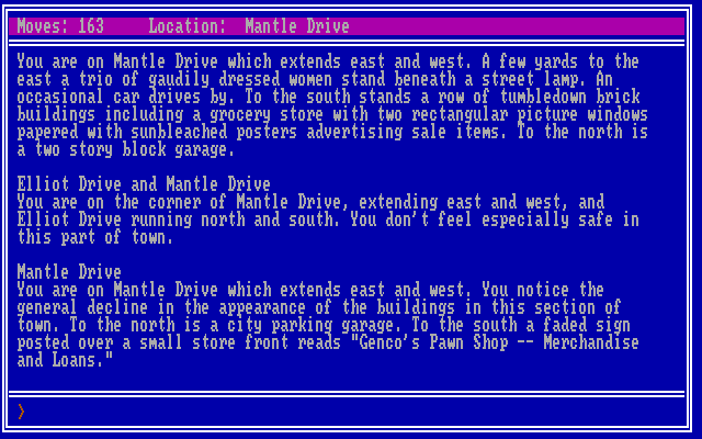 Twilight's Ransom IBM PC/Compatibles Screenshot: On Mantle Drive, outside a pawn shop...