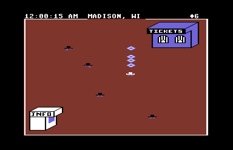 Agent USA Commodore 64 Screenshot: Here are the ticket and info booths for this city...