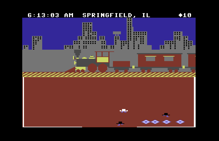 Agent USA Commodore 64 Screenshot: In springfield, IL; here comes my train!