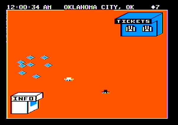 Agent USA Apple II Screenshot: Here's the ticket booth and information booth.