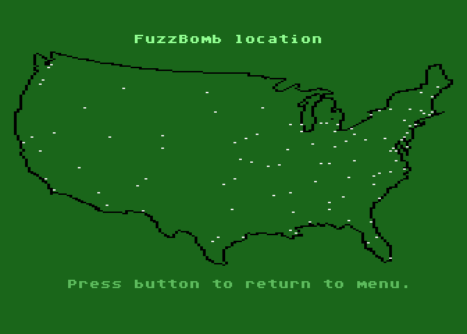 Agent USA Atari 8-bit Screenshot: Use the map to help find the FuzzBomb.