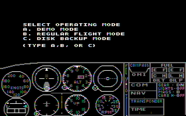Microsoft Flight Simulator (v1) IBM PC/Compatibles Screenshot: Select operation mode.