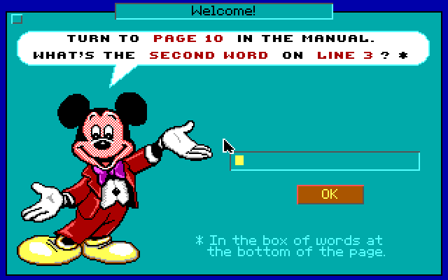 Mickey & Minnie's Fun Time Print Kit IBM PC/Compatibles Screenshot: Copy protection.